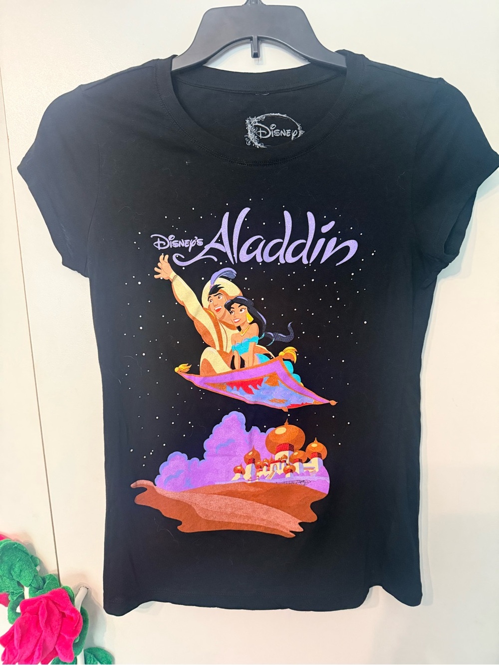 Disney Black Graphic Tee with Aladdin and Princess Jasmine Magic Carpet